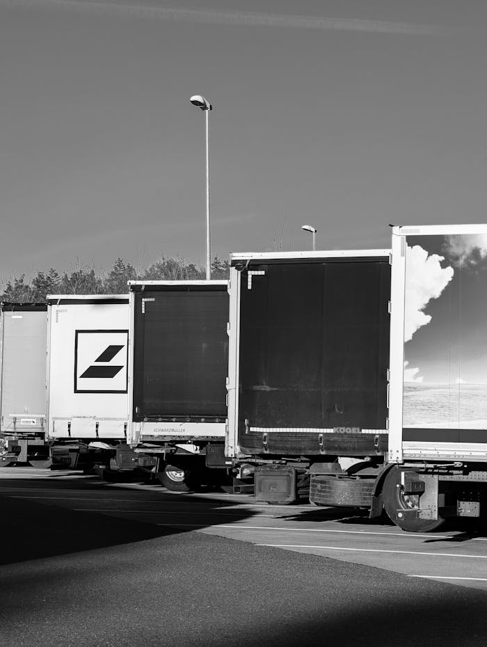 Black and white photo of semi trucks parked in a row at a loading area outdoors.