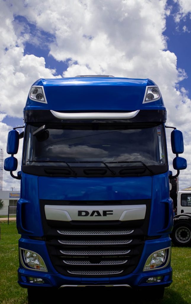 Front view of a striking blue DAF XF semi-truck parked on green grass under a cloudy sky.