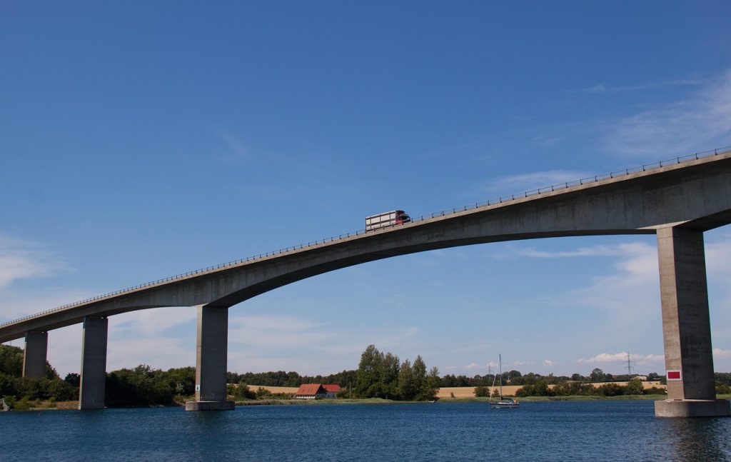 transportation, nature, bridge, truck, blue, cloud, sea, water, jutland, denmark, boat