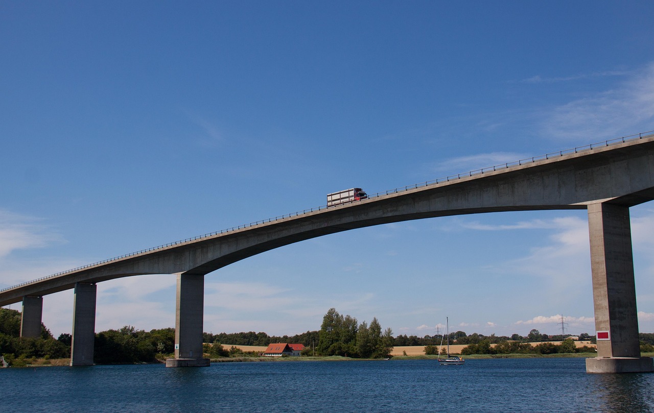 transportation, nature, bridge, truck, blue, cloud, sea, water, jutland, denmark, boat